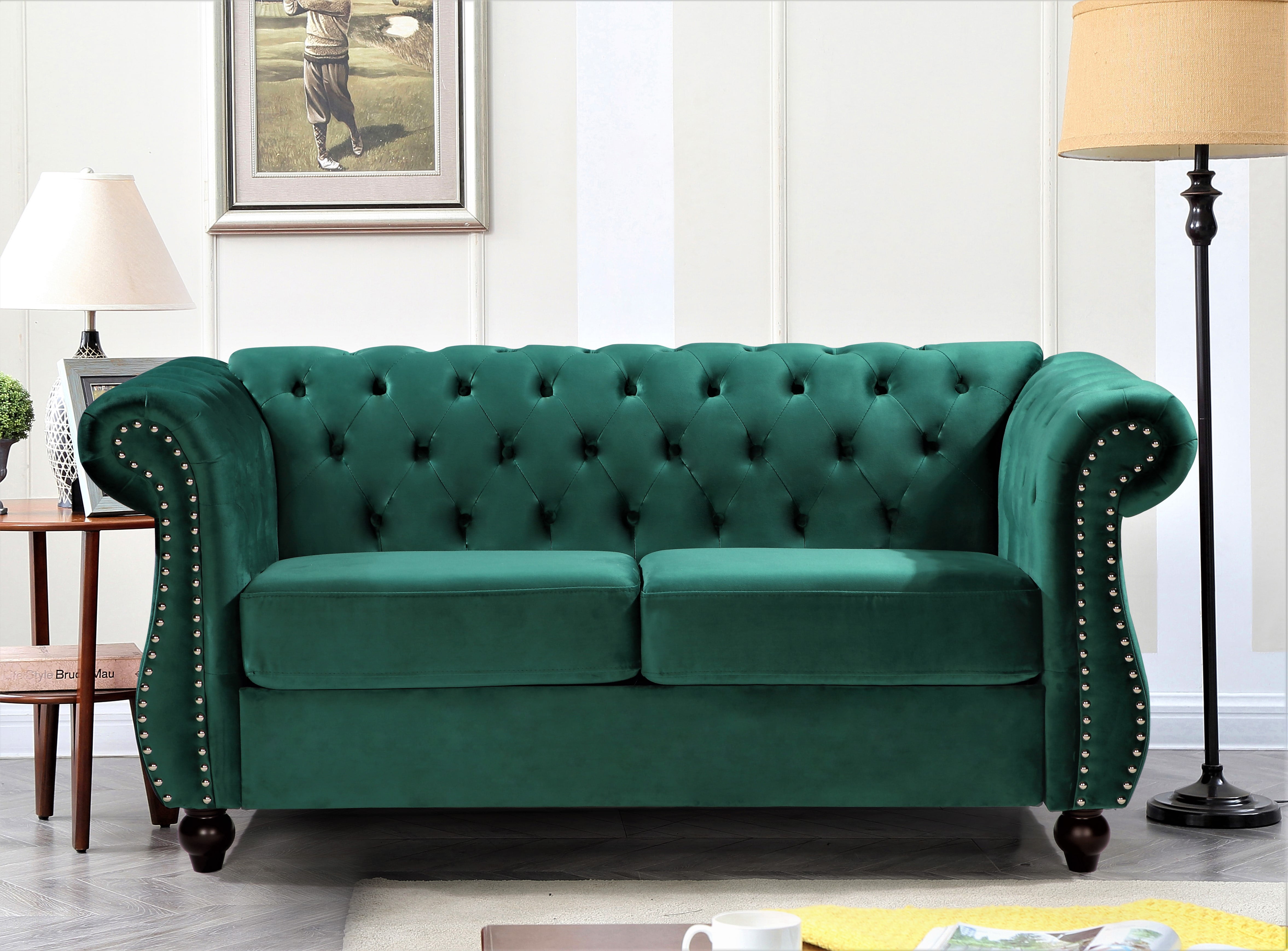 Uspridefurniture Fender 67.6'' Velvet Rolled Arm Chesterfield Loveseat,Green