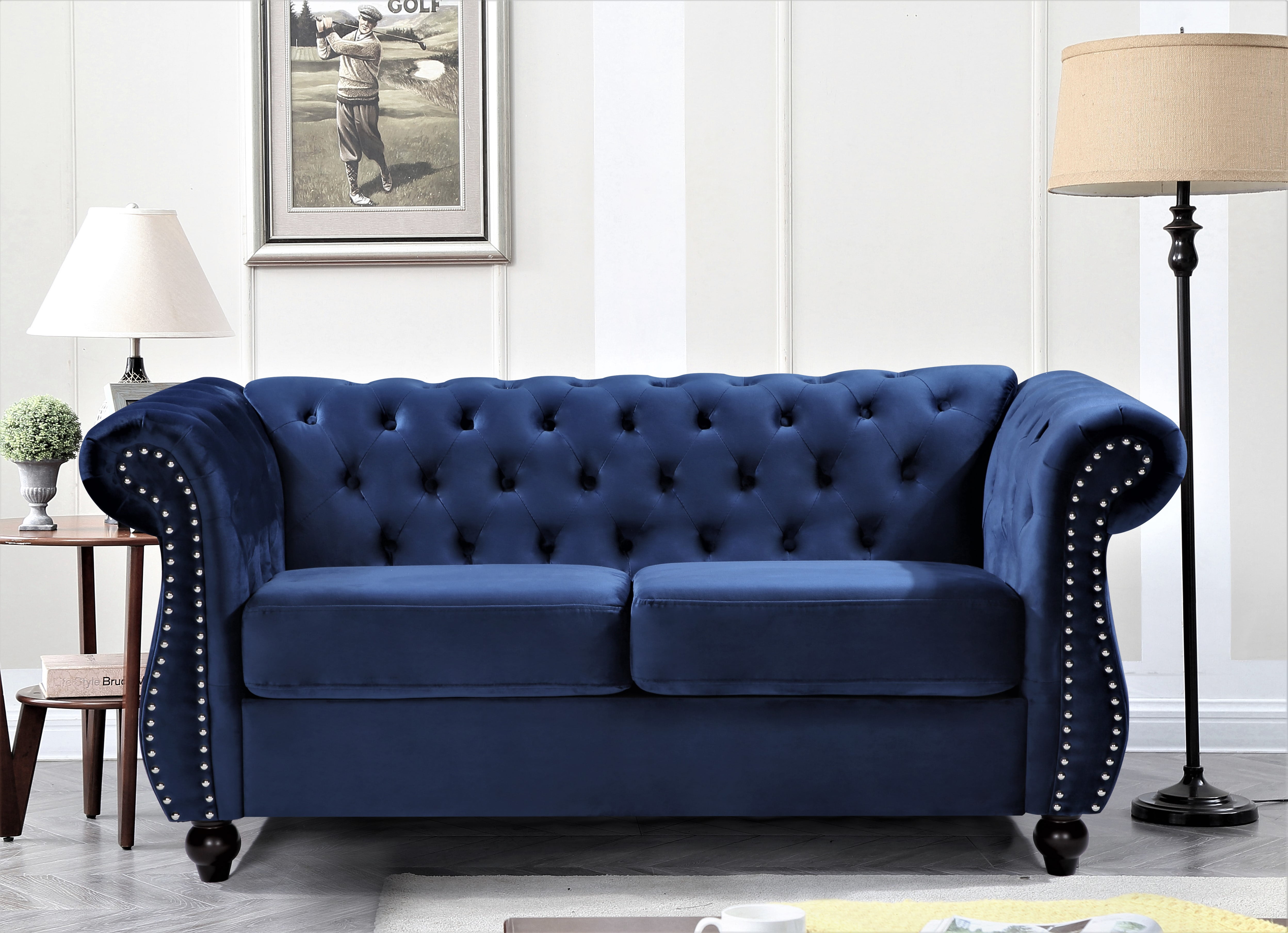 Uspridefurniture Fender 67.6'' Velvet Rolled Arm Loveseat,Blue