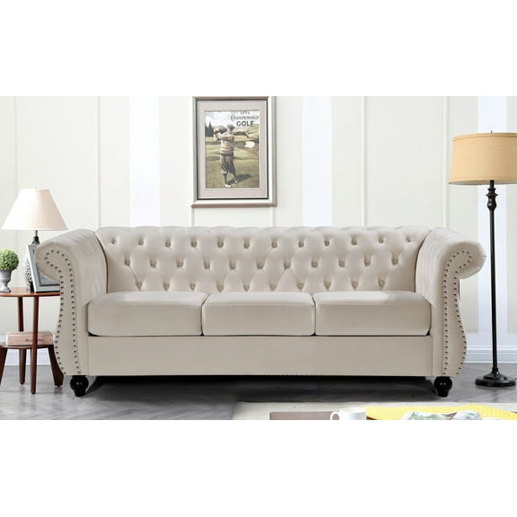 Uspridefurniture Fender 82.6'' Velvet Rolled Arm Sofa,Beige