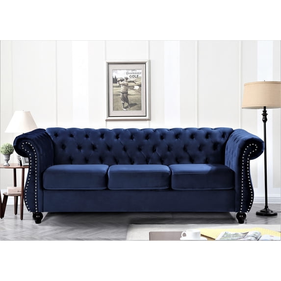 Uspridefurniture Fender 82.6'' Velvet Rolled Arm Sofa,Blue