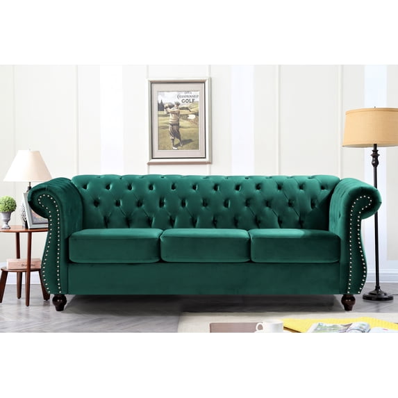 Uspridefurniture Fender 82.6'' Velvet Rolled Arm Sofa,Green