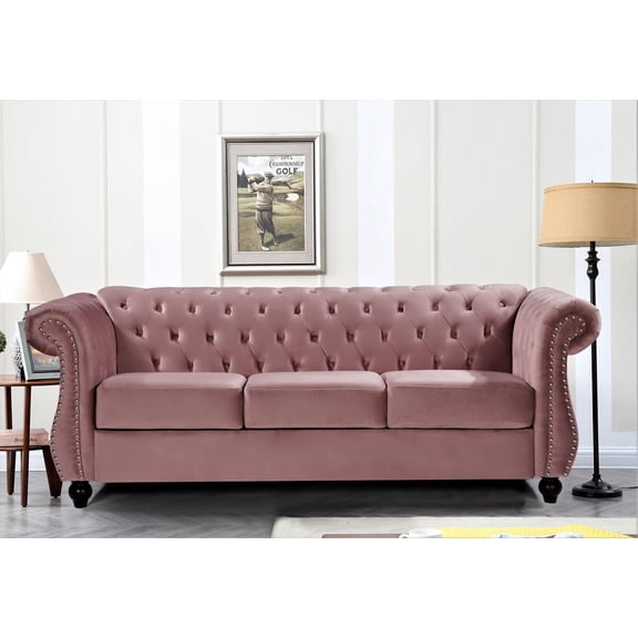 Uspridefurniture Fender 82.6'' Velvet Rolled Arm Sofa,Pink