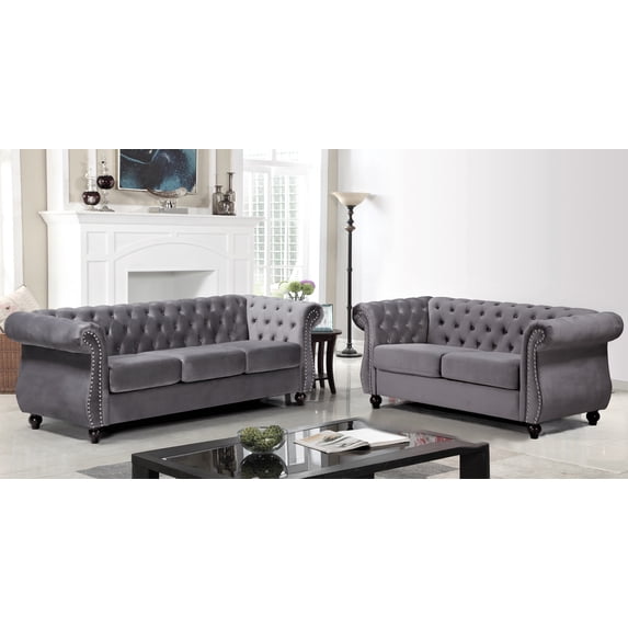 Uspridefurniture Fender Velvet 2 Piece Living Room Set, Gray