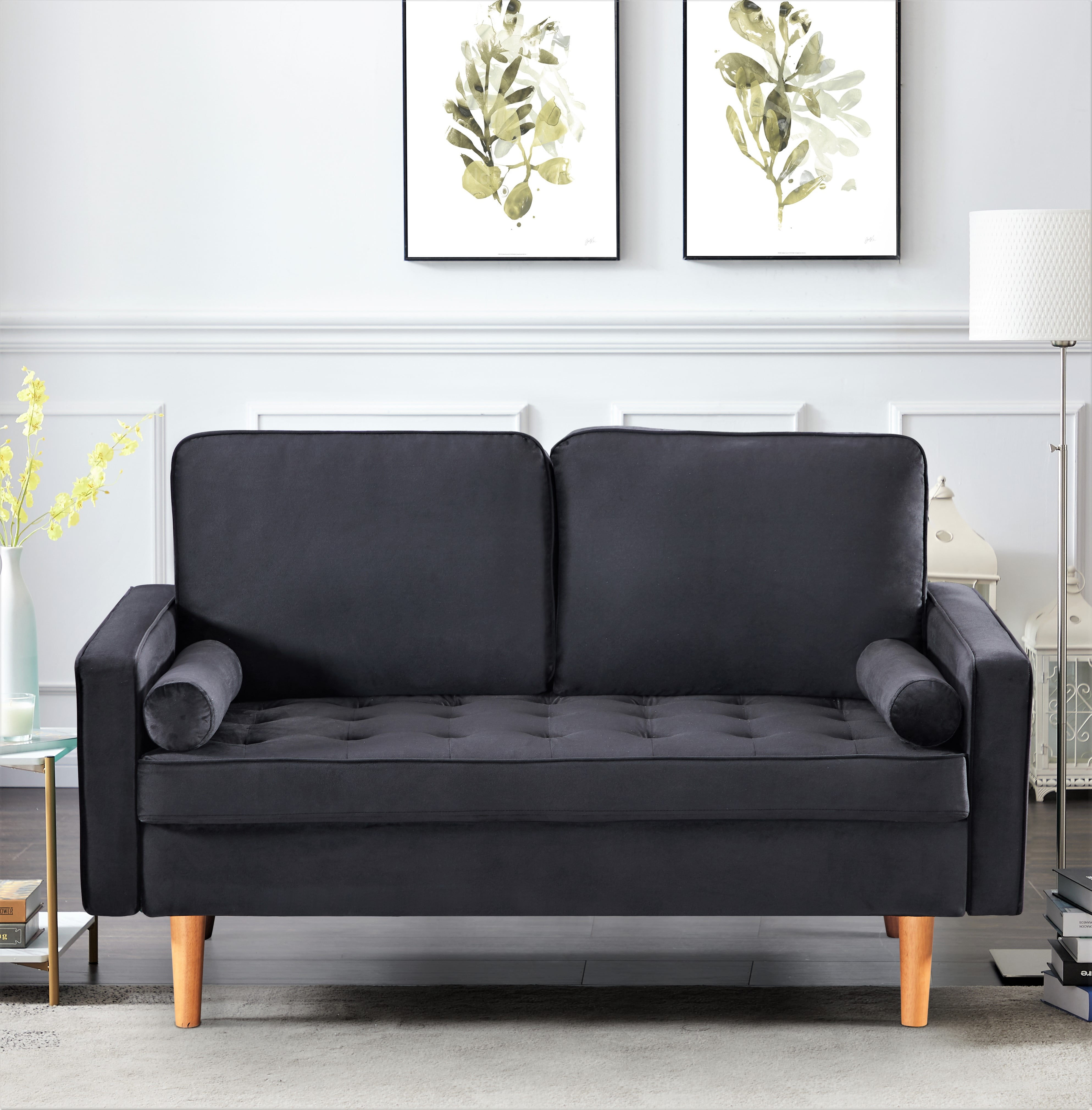 Uspridefurniture Helene 55.87'' Velvet Recessed Arm Loveseat - Black
