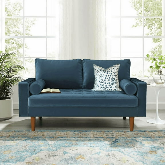 Uspridefurniture Helene 55.87'' Velvet Recessed Arm Loveseat -Blue