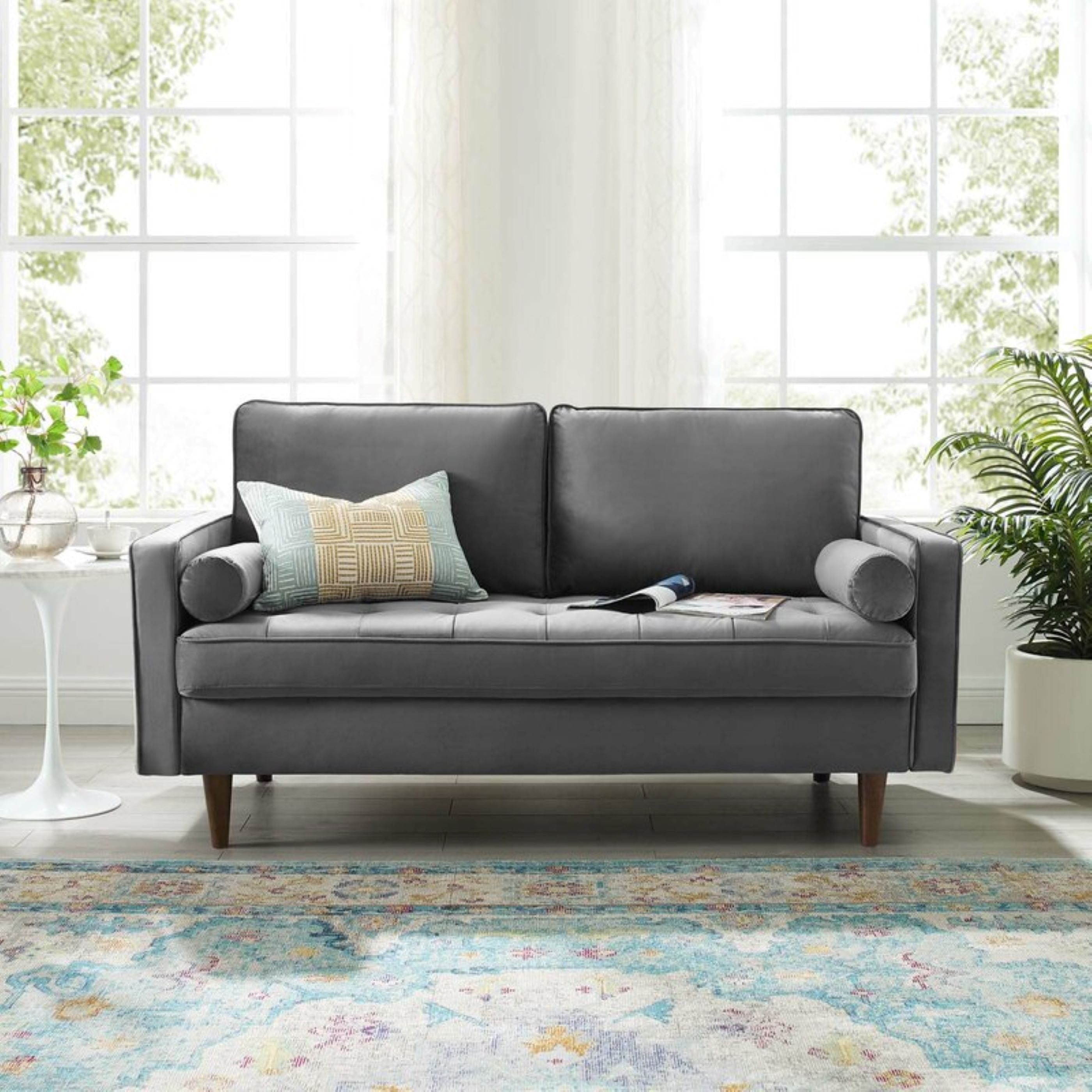 Uspridefurniture Helene 55.87'' Velvet Recessed Arm Loveseat, Gray