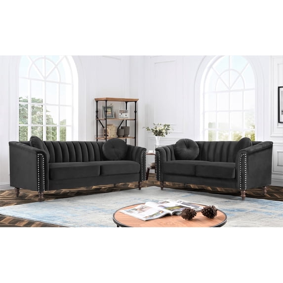 Uspridefurniture Hills Tufted Back 2Pcs Living Room Set,Black Velvet