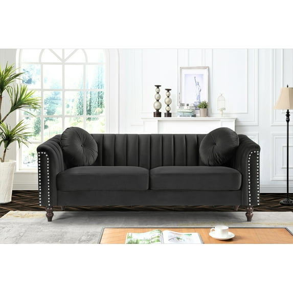 Uspridefurniture Hills Tufted Back Nailhead 75.2" Velvet Sofa, Black