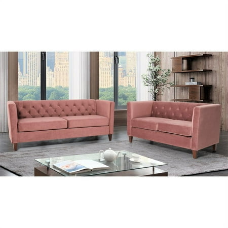 Uspridefurniture Leeanna 2 Piece Velvet Living Room Set, Loveseat Sofa, Pink