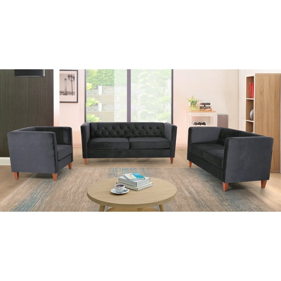 Uspridefurniture Lisette Velvet 3Pcs Living Room Set,Black