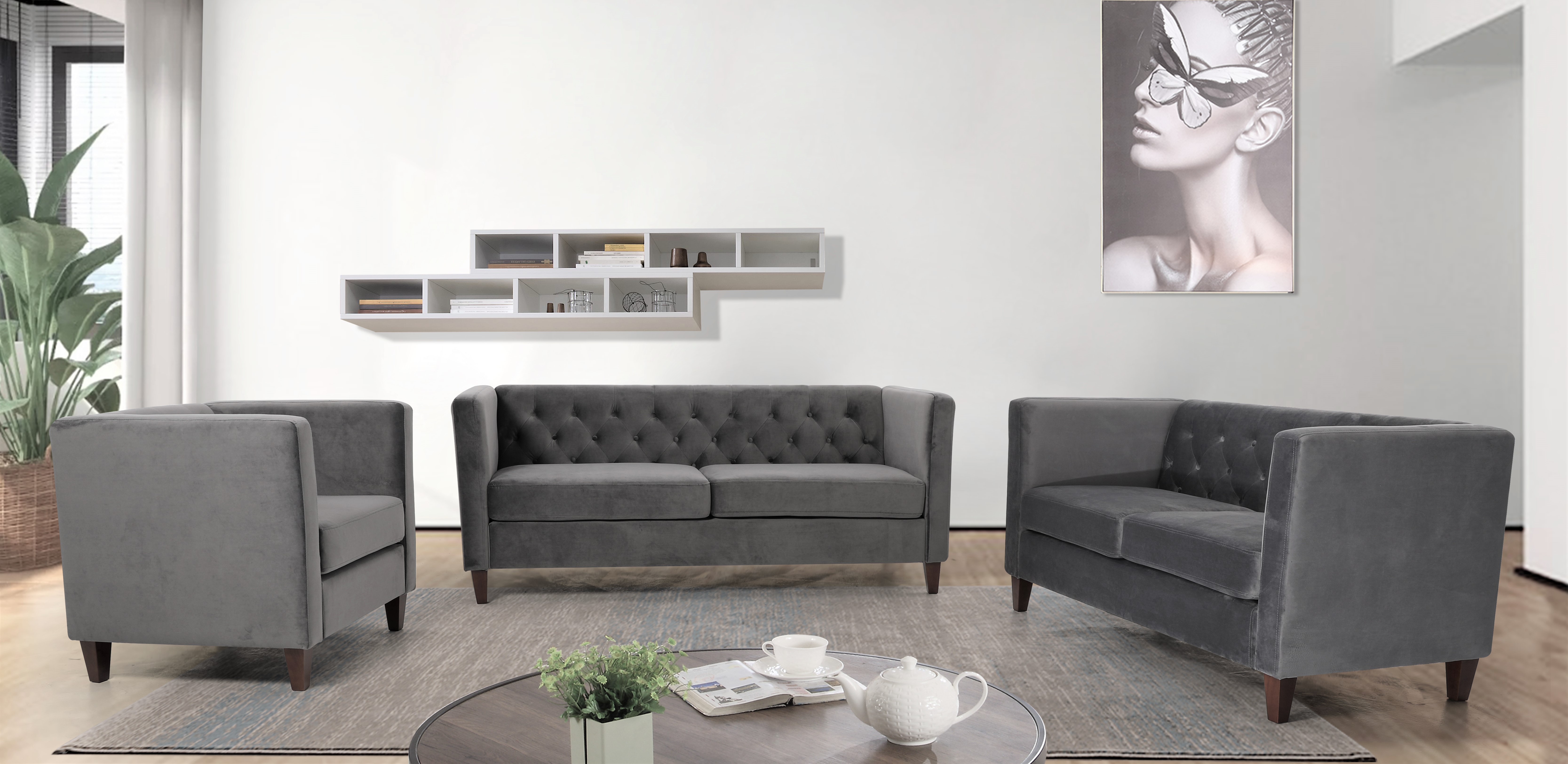 Uspridefurniture Lisette Velvet 3Pcs Living Room Set,Gray