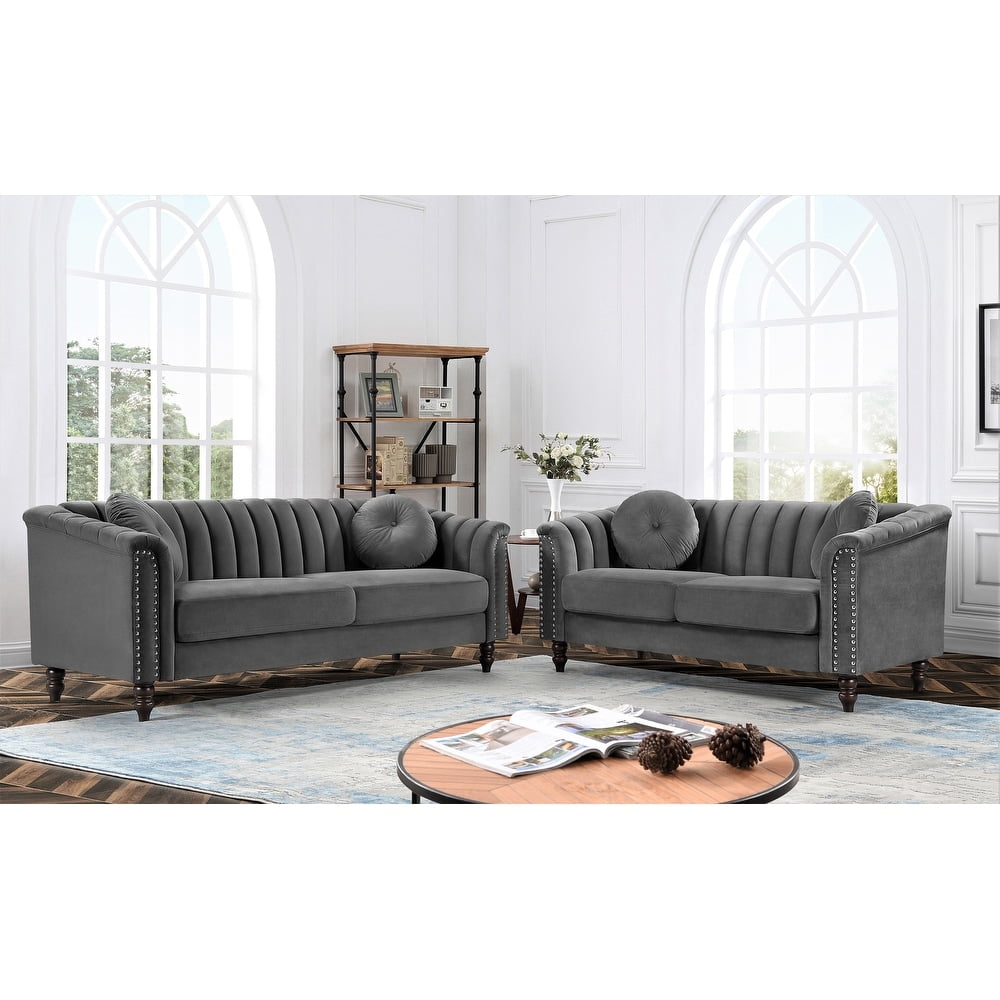 Uspridefurniture Living Room Set Classic Tufted Velvet Nailhead Trim, Grey