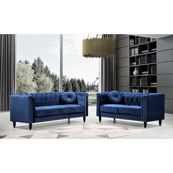 Uspridefurniture Lueck 2 Piece Velvet Living Room Set, Blue, Sofa Loveseat