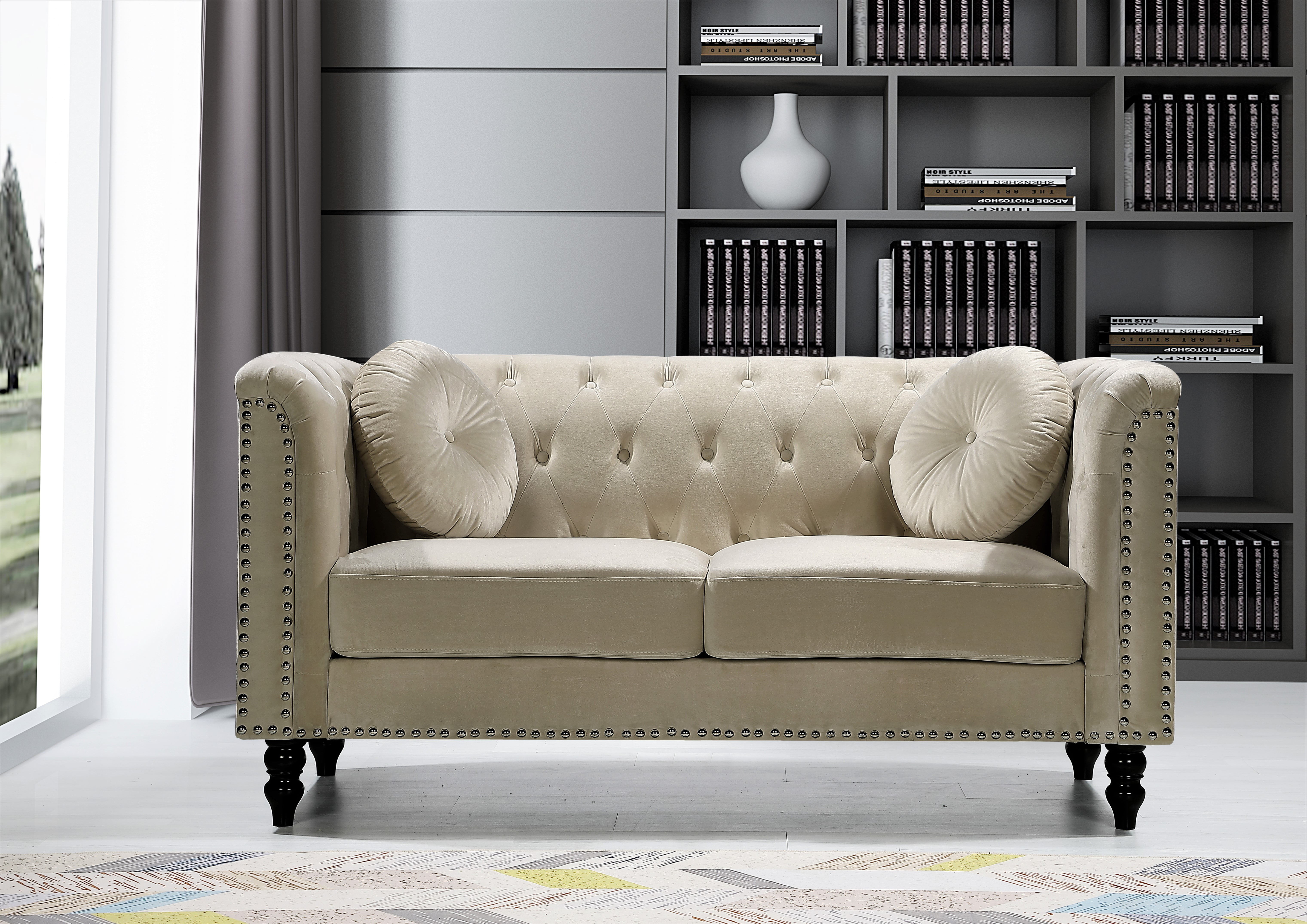 Uspridefurniture Lueck 64.2'' Velvet Rolled Arm Chesterfield Loveseat,Cream