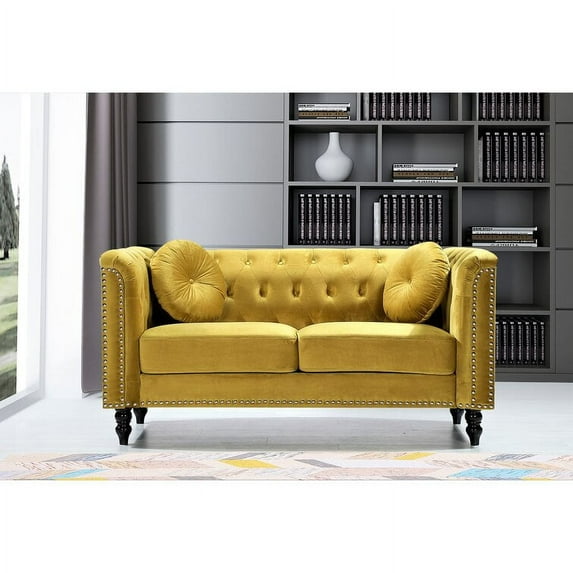 Uspridefurniture Lueck 64.2'' Velvet Rolled Arm Chesterfield Loveseat, Yellow