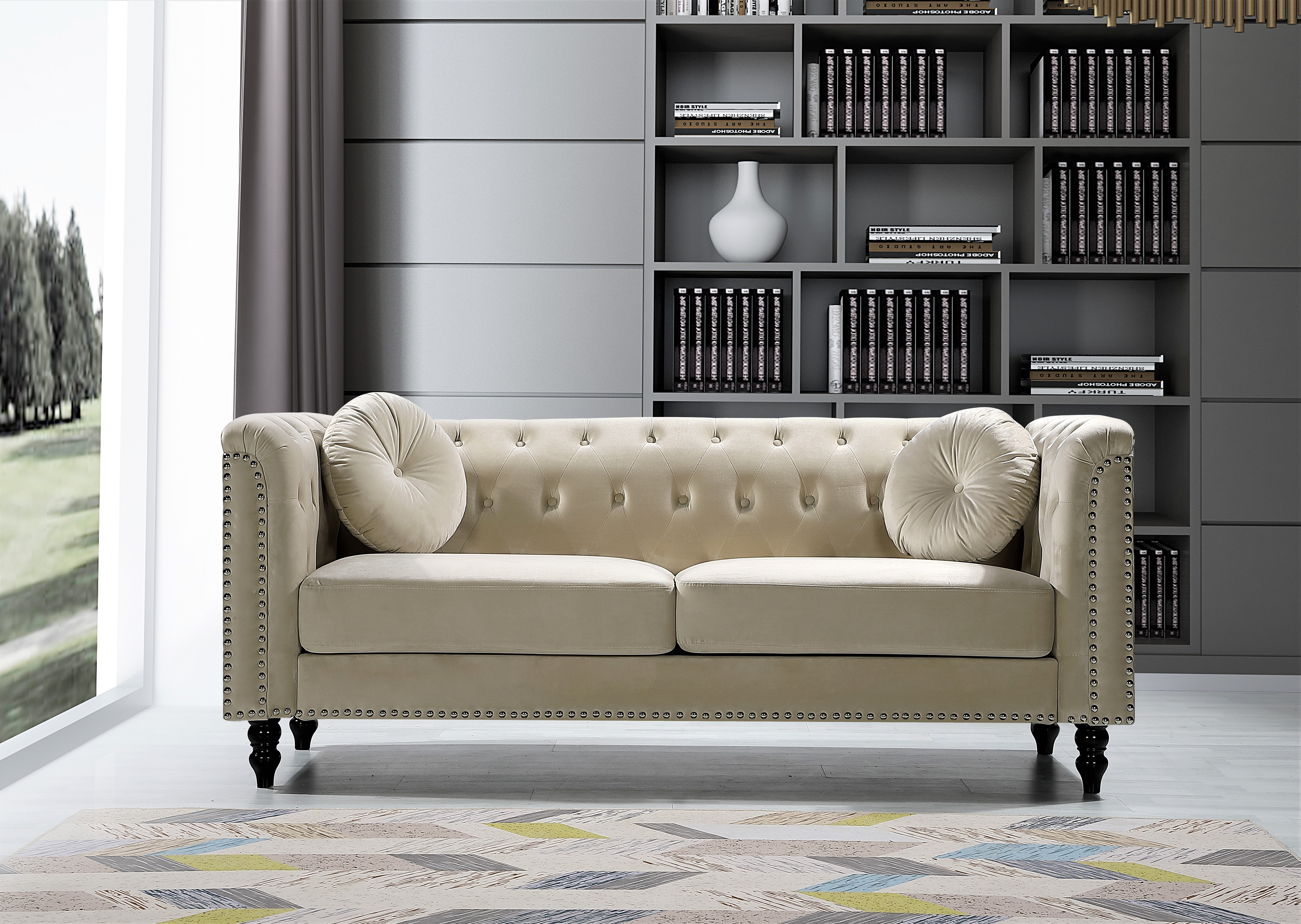 Uspridefurniture Lueck 76'' Velvet Rolled Arm Chesterfield Sofa -Cream