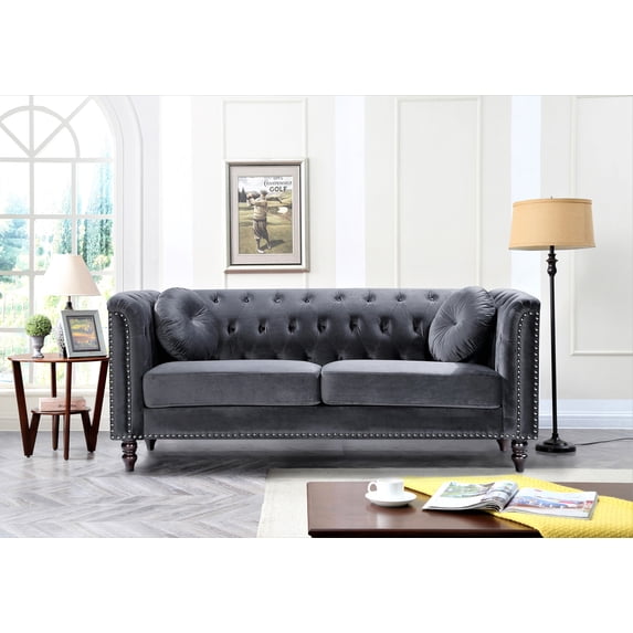 Uspridefurniture Lueck 76'' Velvet Rolled Arm Chesterfield Sofa, Gray