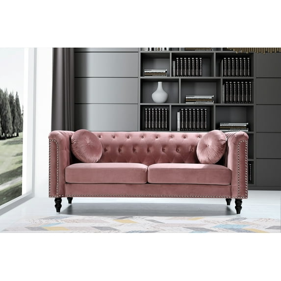 Uspridefurniture Lueck 76'' Velvet Rolled Arm Chesterfield Sofa,Pink