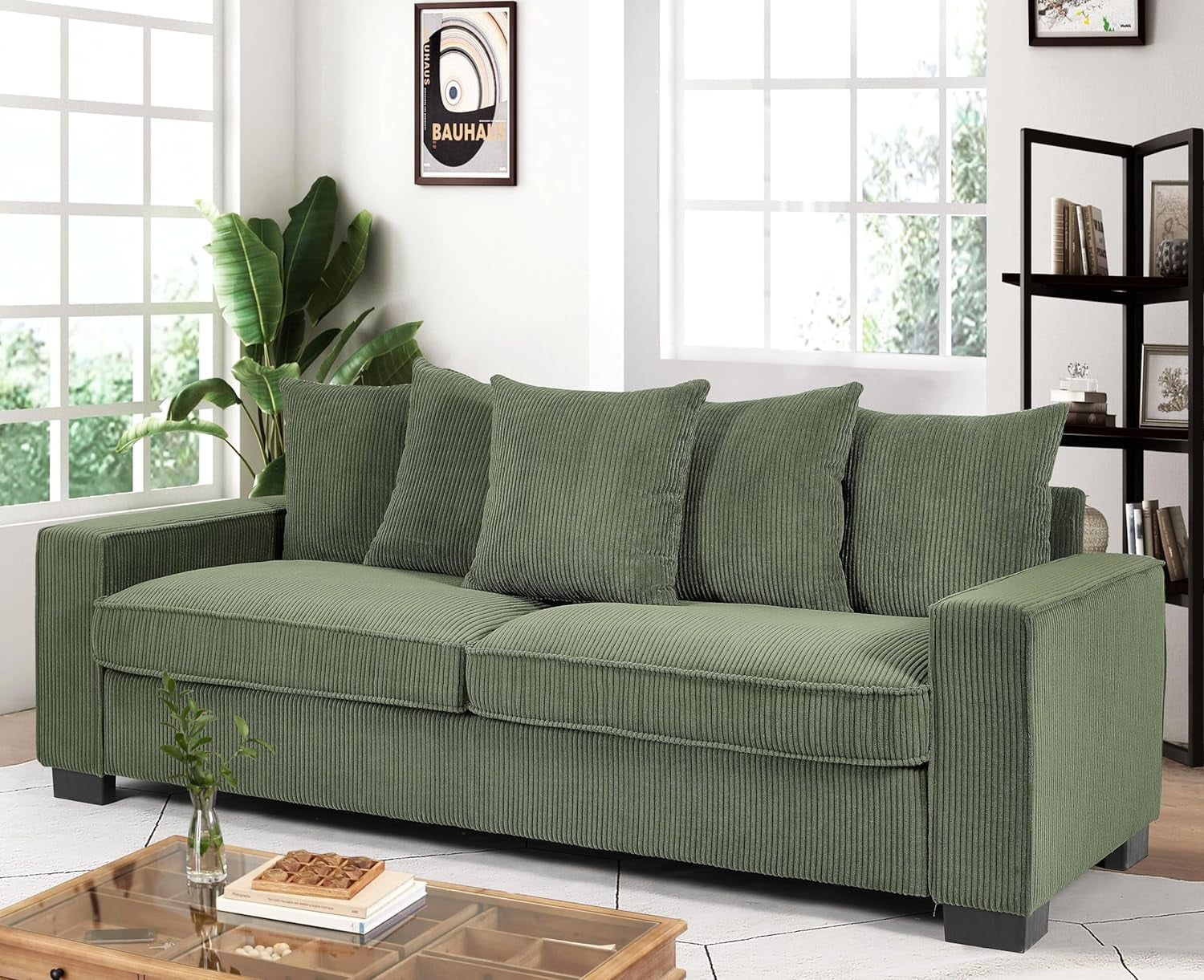 US Pride Furniture Luxe Corduroy Sofa with 5 Matching Toss Pillows, Sleek Design, Spacious and Comfortable 3 Seater Couch for Modern Living Room Dark Green