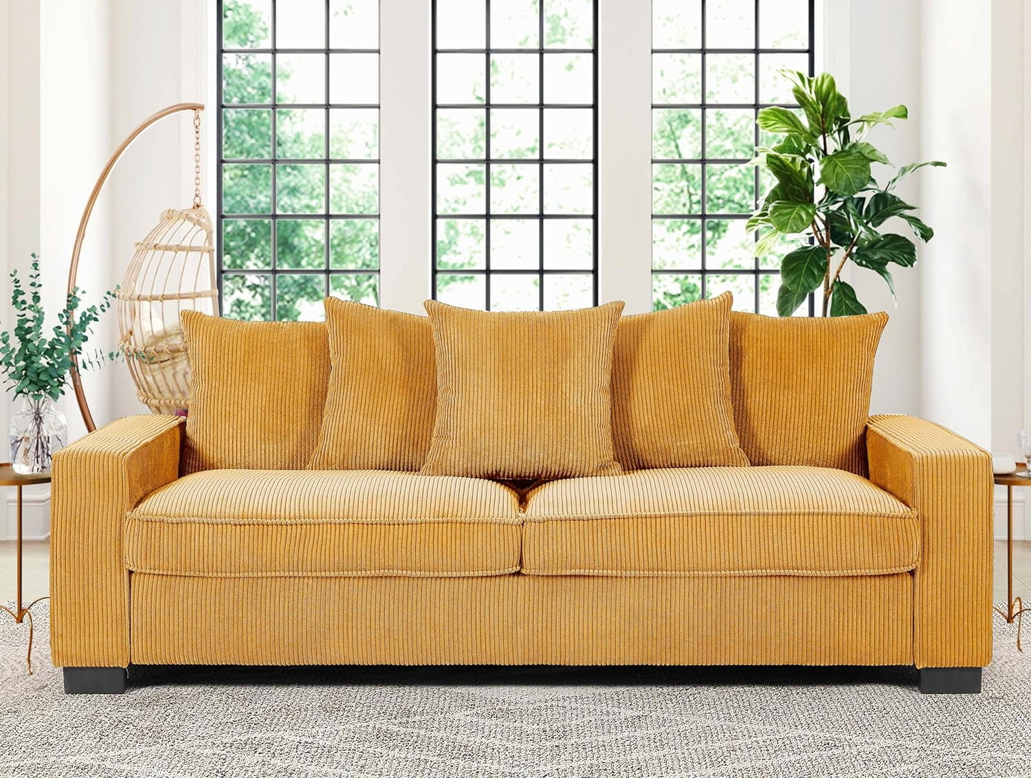 US Pride Furniture Luxe Corduroy Sofa with 5 Matching Toss Pillows, Sleek Design, Spacious and Comfortable 3 Seater Couch for Modern Living Room,Yellow