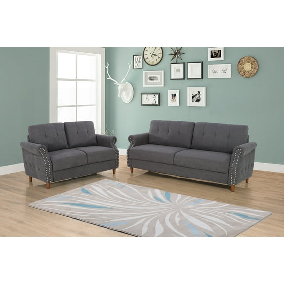 Uspridefurniture Matsuko 2 Piece Mid- Century Wood Tasteful and Transitional Sofa Set Gray