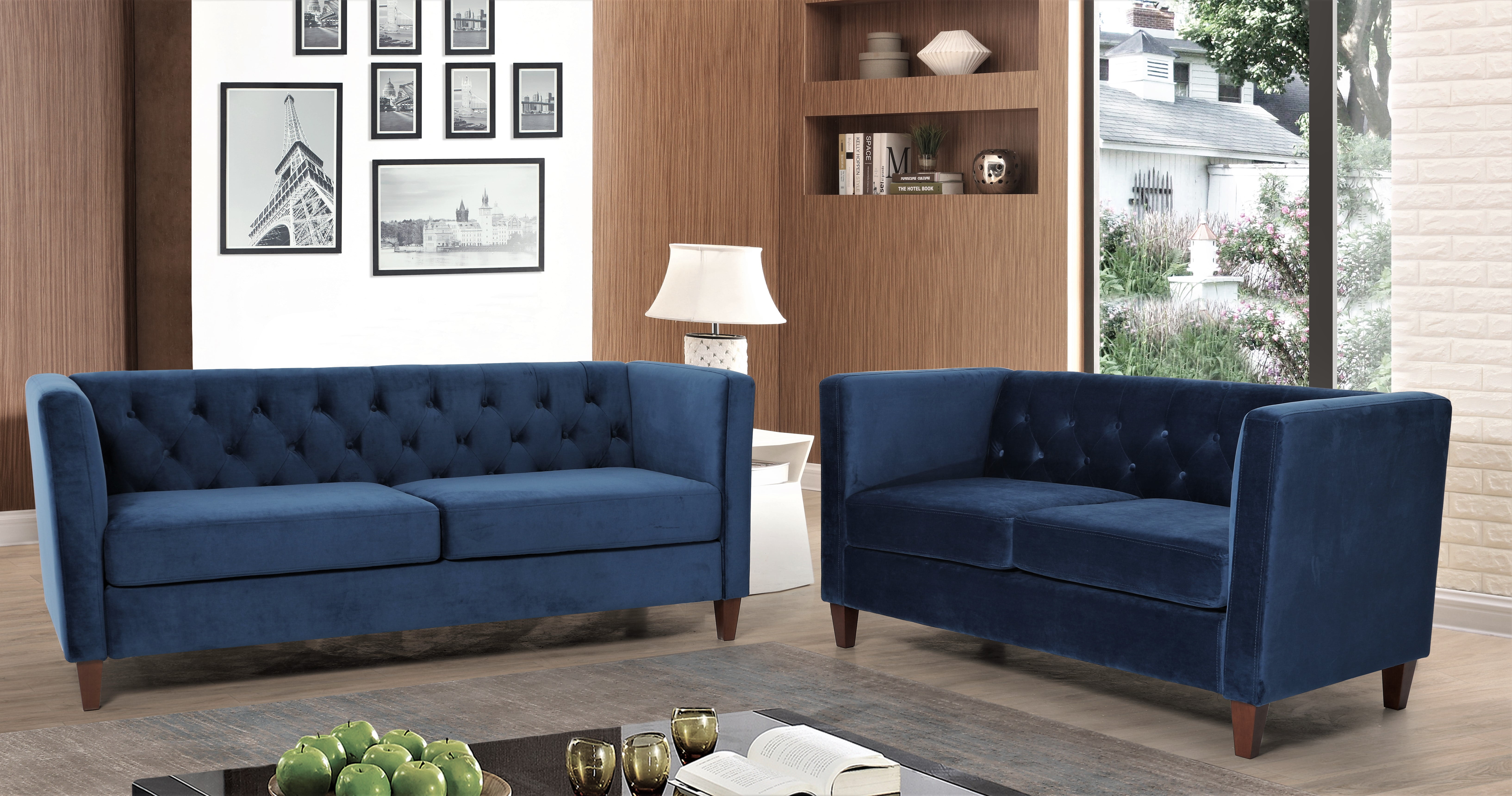 Uspridefurniture Mid-Century Lisette Velvet 2Pcs Living Room Set,Blue