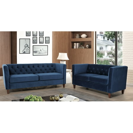 Uspridefurniture Mid-Century Lisette Velvet 2Pcs Living Room Set,Blue