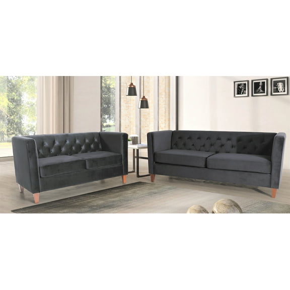 Uspridefurniture Mid-Century Lisette Velvet 2Pcs Living Room Set, Gray
