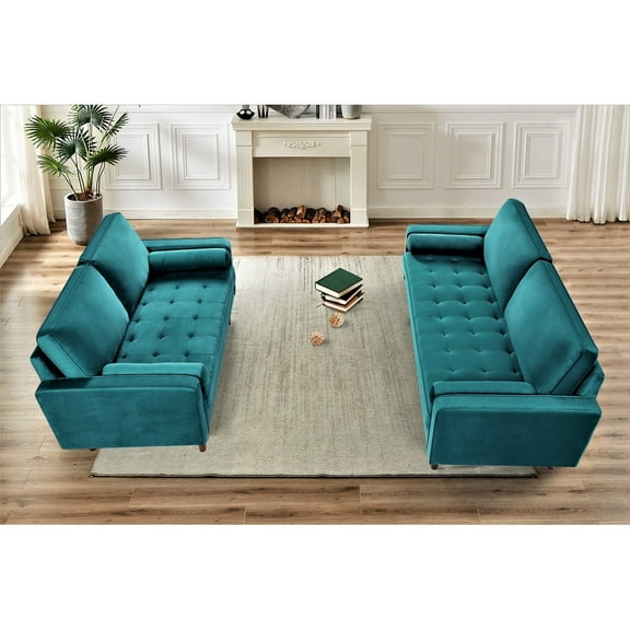 Uspridefurniture Monahan Velvet 2PC Living Room Sets, Sofa Loveseat, Greenish Blue