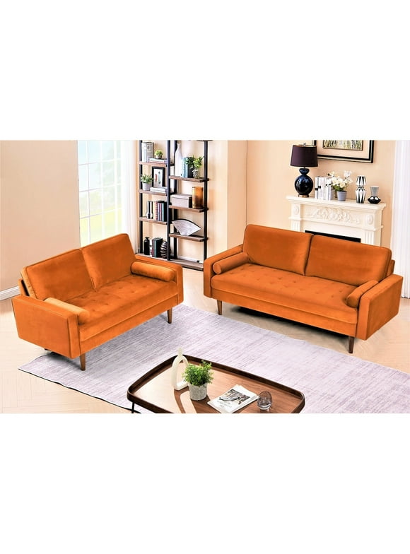Uspridefurniture Monahan Velvet 2PC Living Room Sets, Sofa Loveseat, Orange