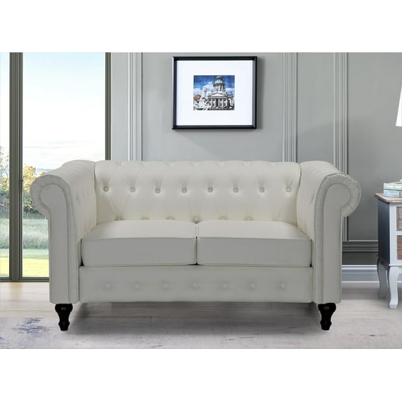 Uspridefurniture Oriskany Chesterfield Faux Leather Loveseat -White, solid wood leg