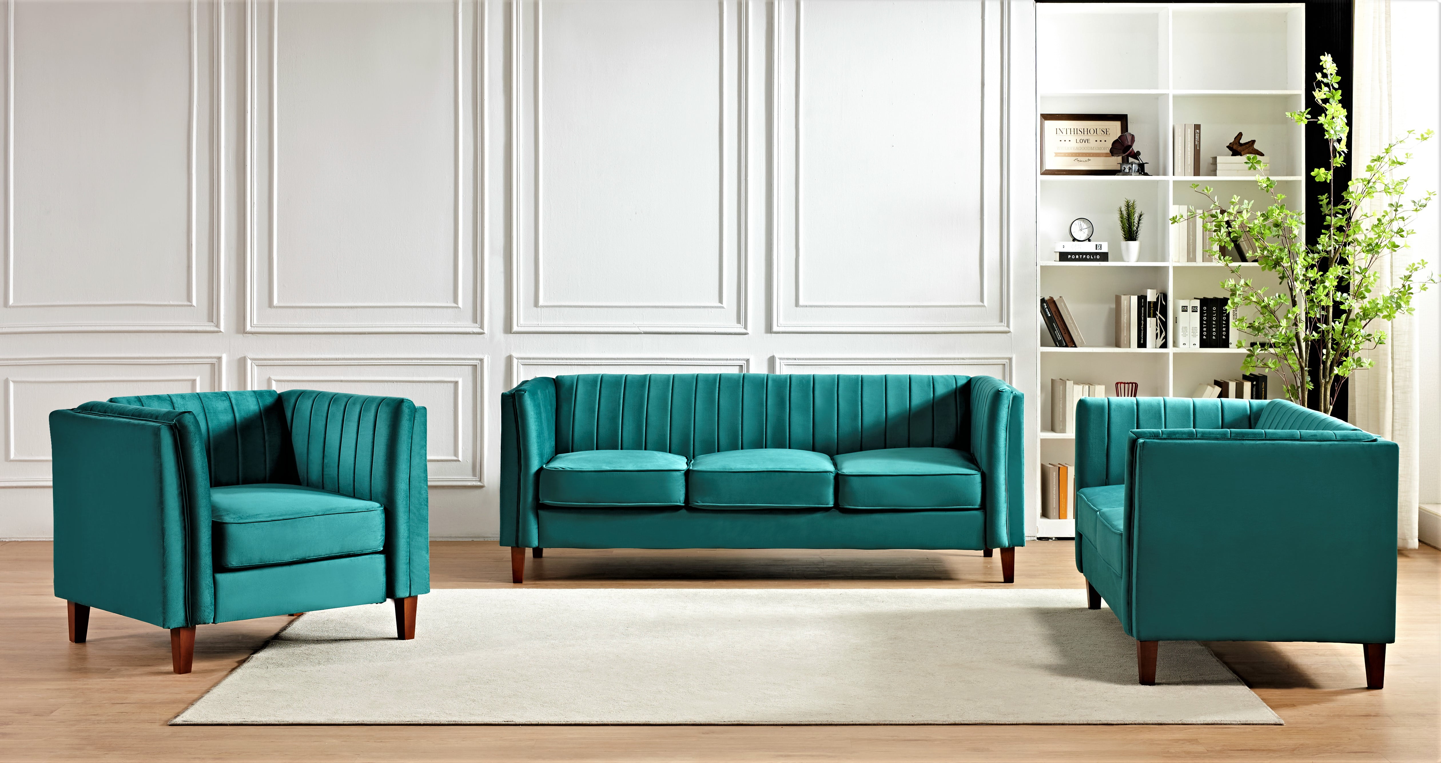 Uspridefurniture Plainfield Line Tufted Square 3Pcs Living Room set, Green Velvet