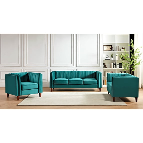 Uspridefurniture Plainfield Line Tufted Square 3Pcs Living Room set, Green Velvet