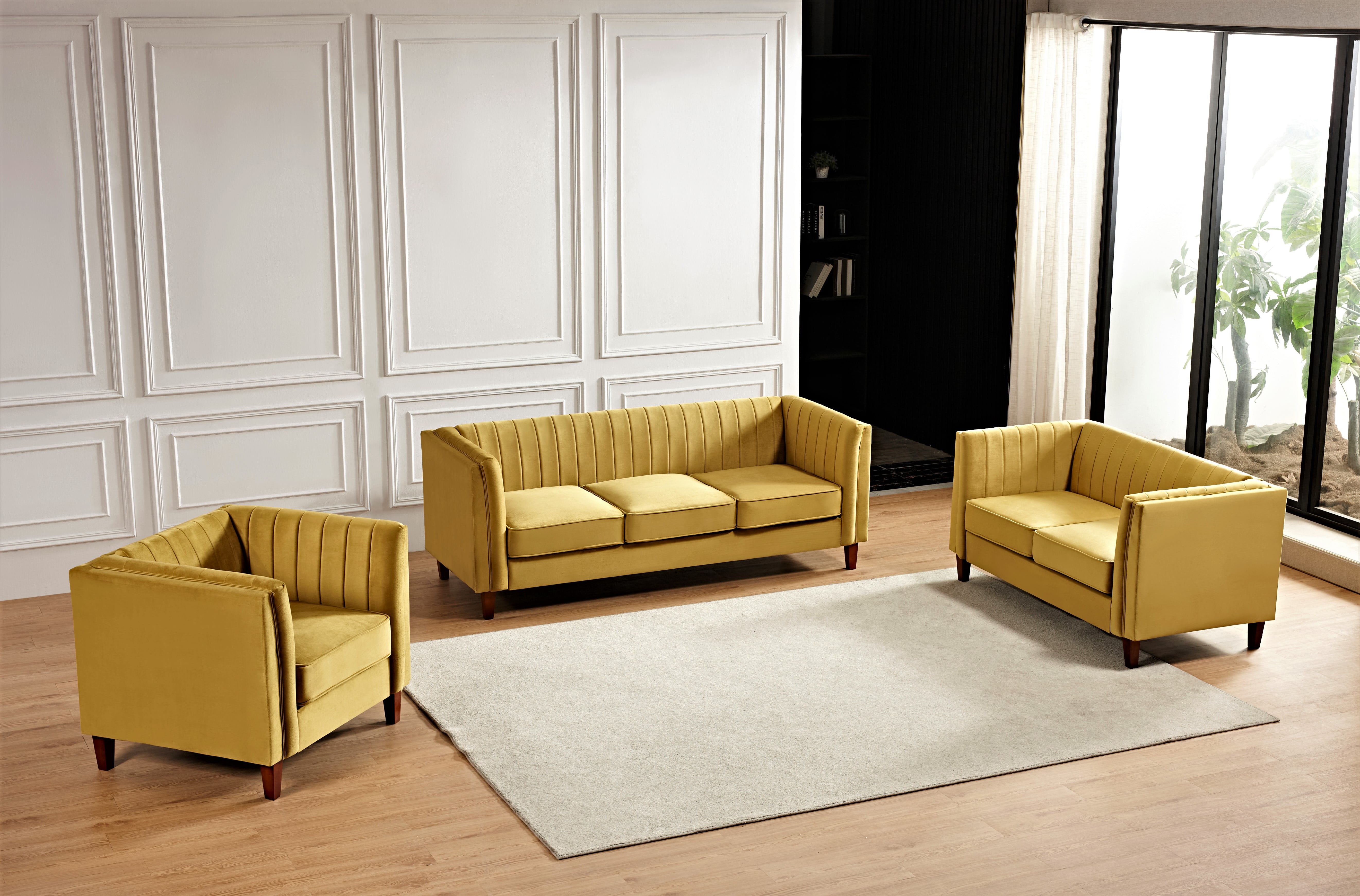 Uspridefurniture Plainfield Line Tufted Square Design 3Pcs Living Room Set, Yellow Velvet