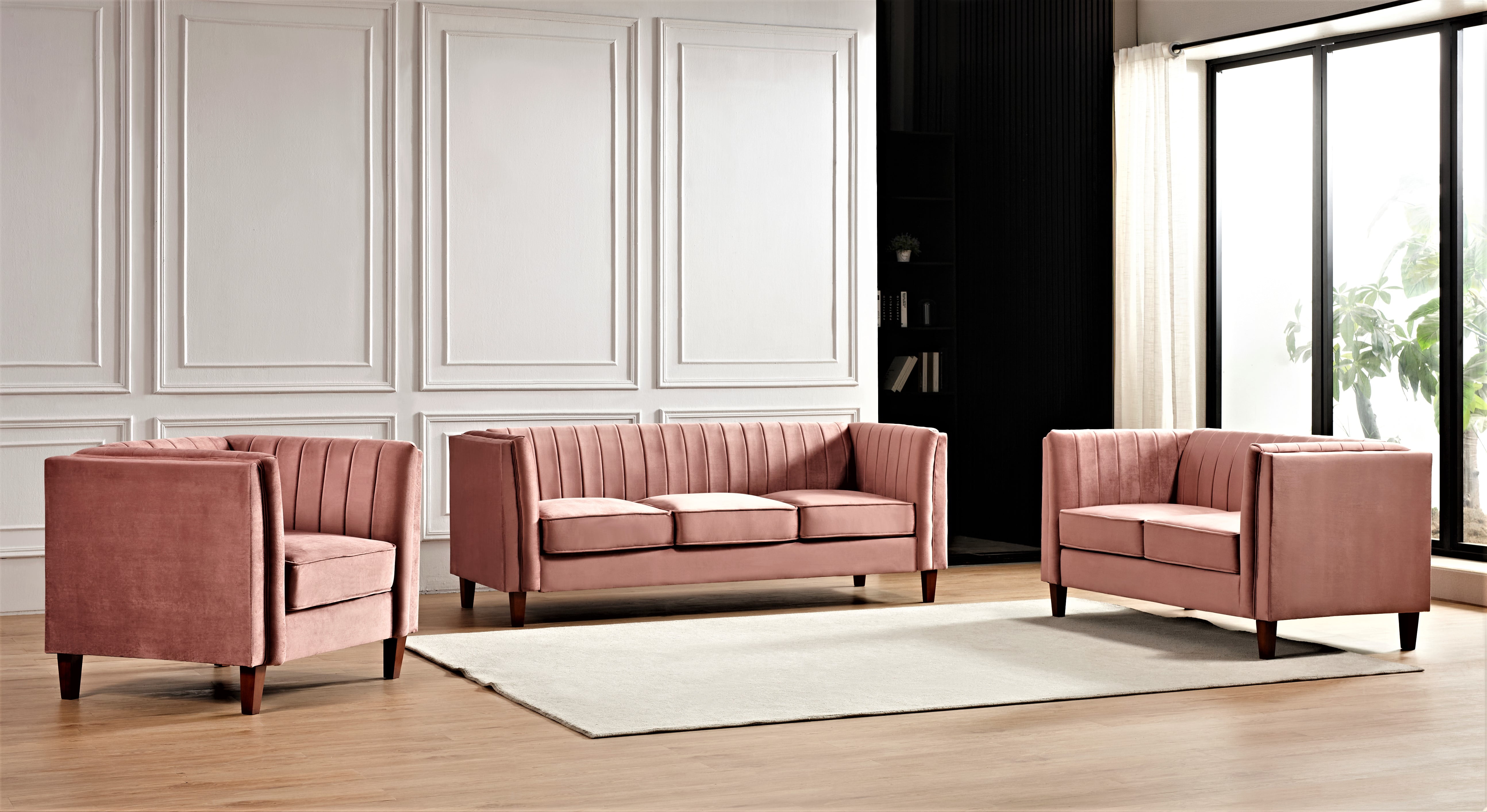 Uspridefurniture Plainfield Line Tufted Square Design 3Pcs Livingroom Set, Pink Velvet