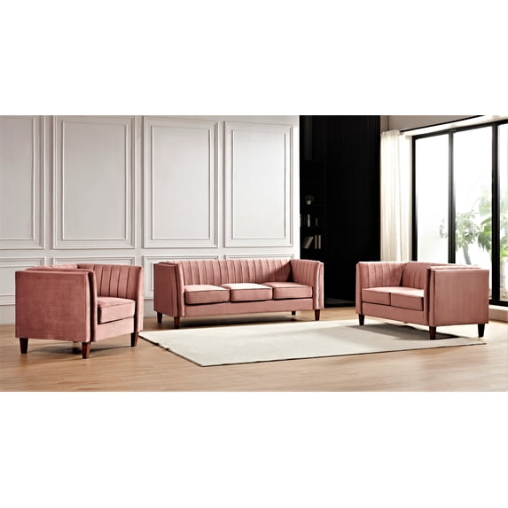 Uspridefurniture Plainfield Line Tufted Square Design 3Pcs Livingroom Set, Pink Velvet