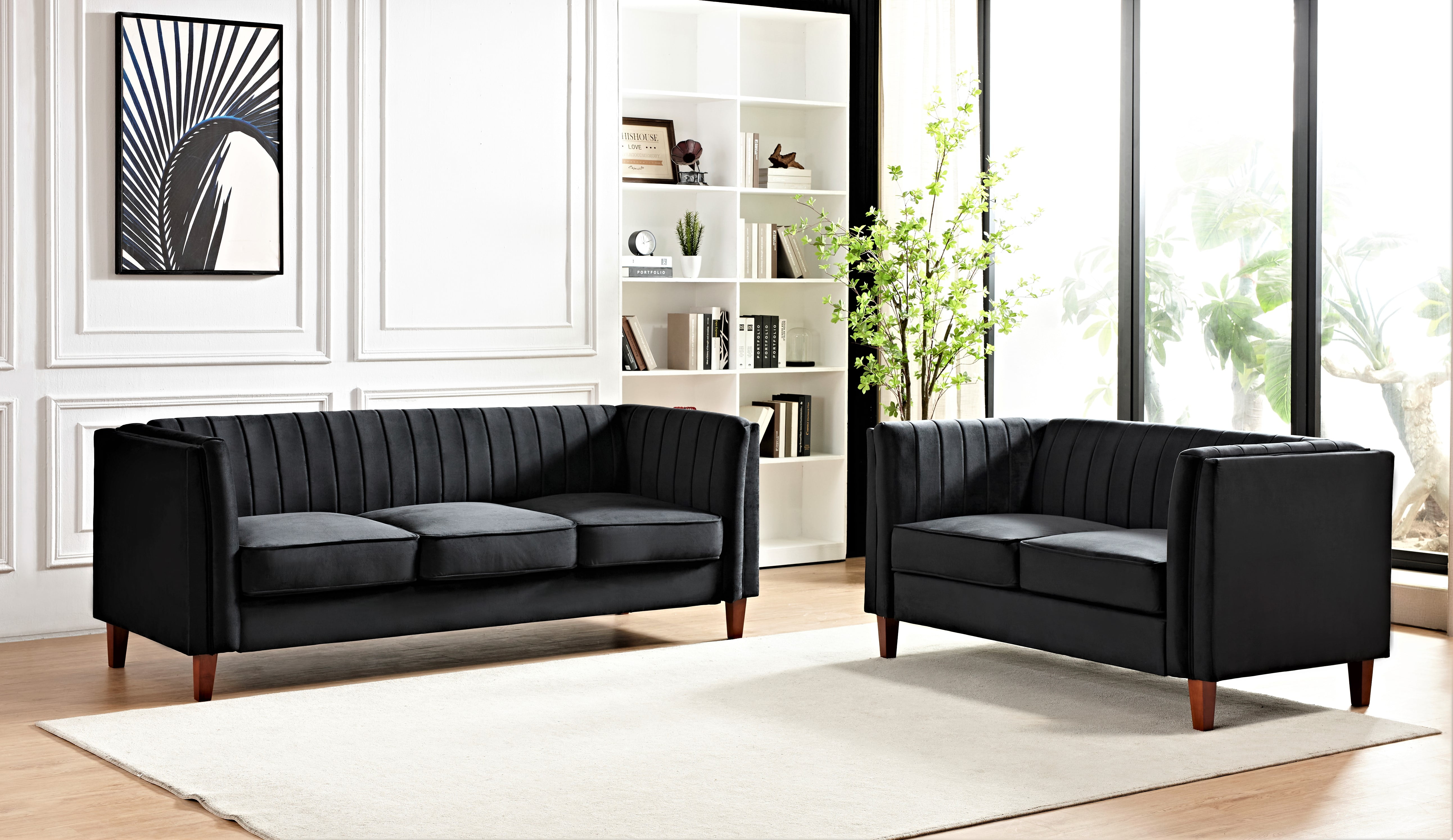 Uspridefurniture Plainfield Line Tufted Square Design Velvet 2Pcs Living Room Set,Black