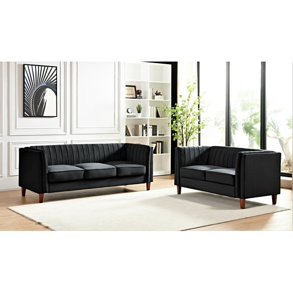 Uspridefurniture Plainfield Line Tufted Square Design Velvet 2Pcs Living Room Set,Black