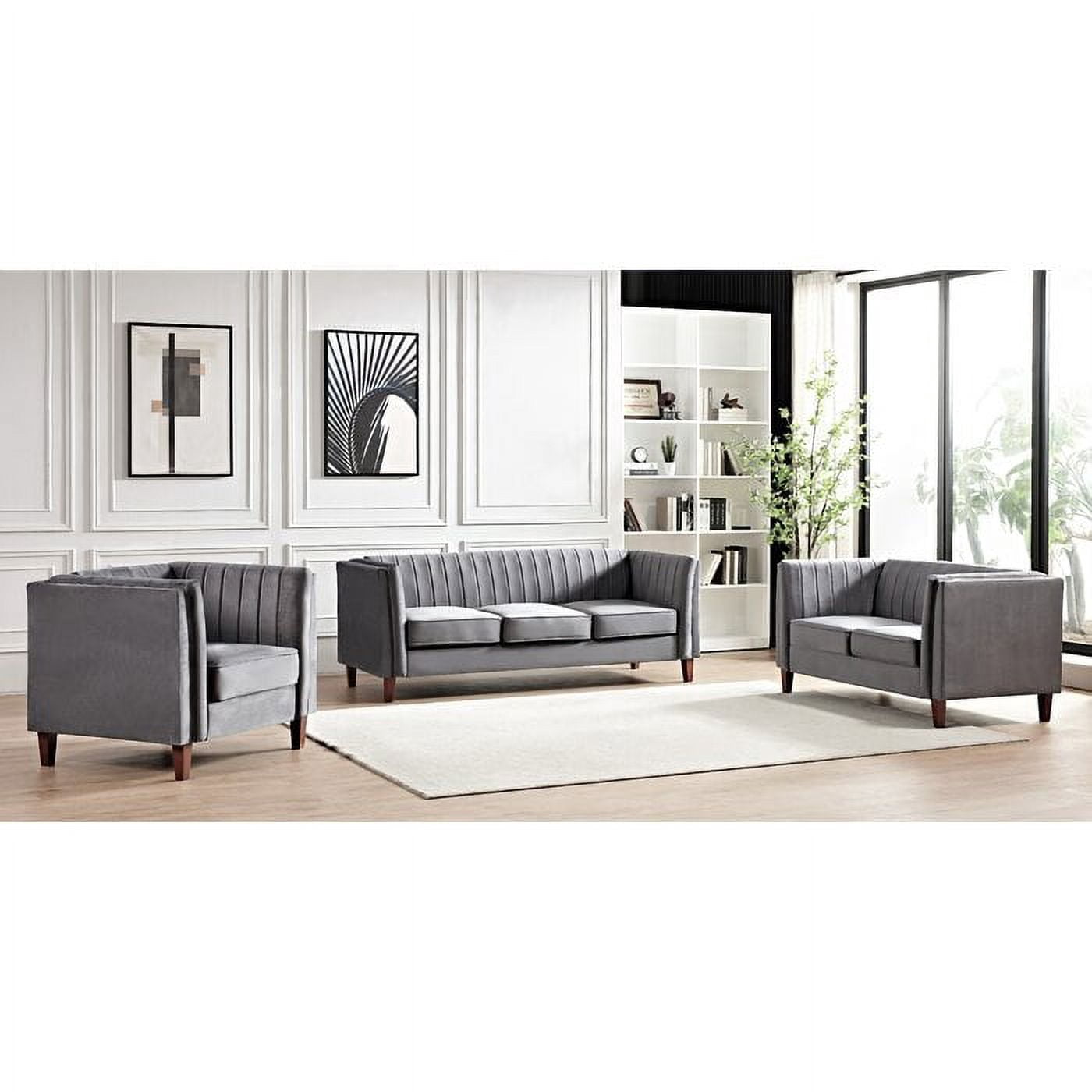 Uspridefurniture Plainfield Line Tufted Square Design Velvet 3PCS Livingroom Set, Chair Loveseat Sofa
