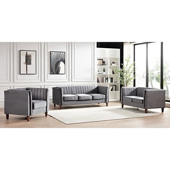 Uspridefurniture Plainfield Line Tufted Square Design Velvet 3PCS Livingroom Set, Chair Loveseat Sofa