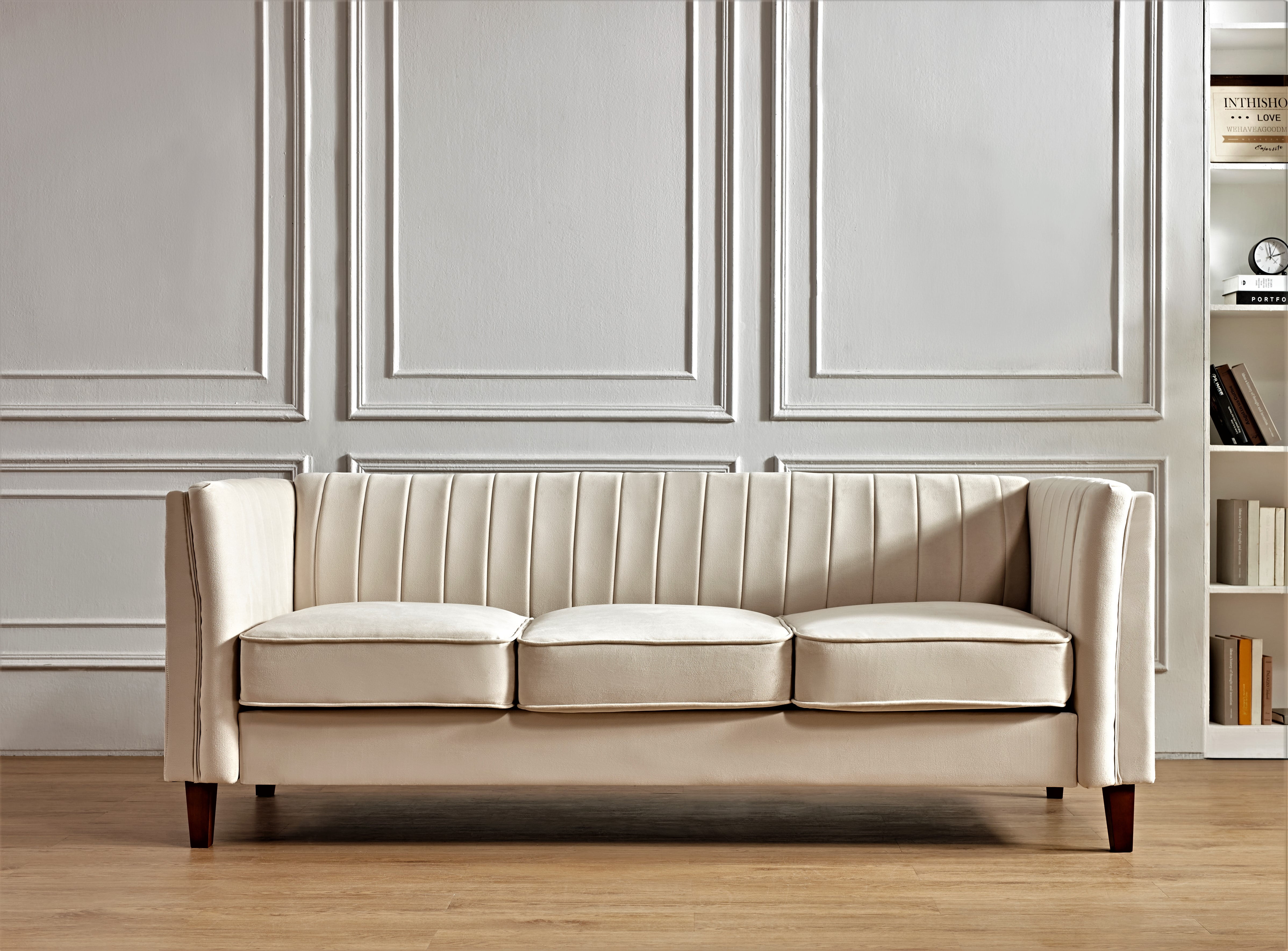 Uspridefurniture Plainfield Line Tufted Square Design Velvet Sofa -Beige
