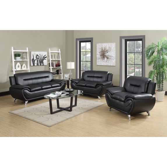 Uspridefurniture Sanuel 3Pcs Faux Leather Living Room Sets, Chair Loveseat Sofa,Black