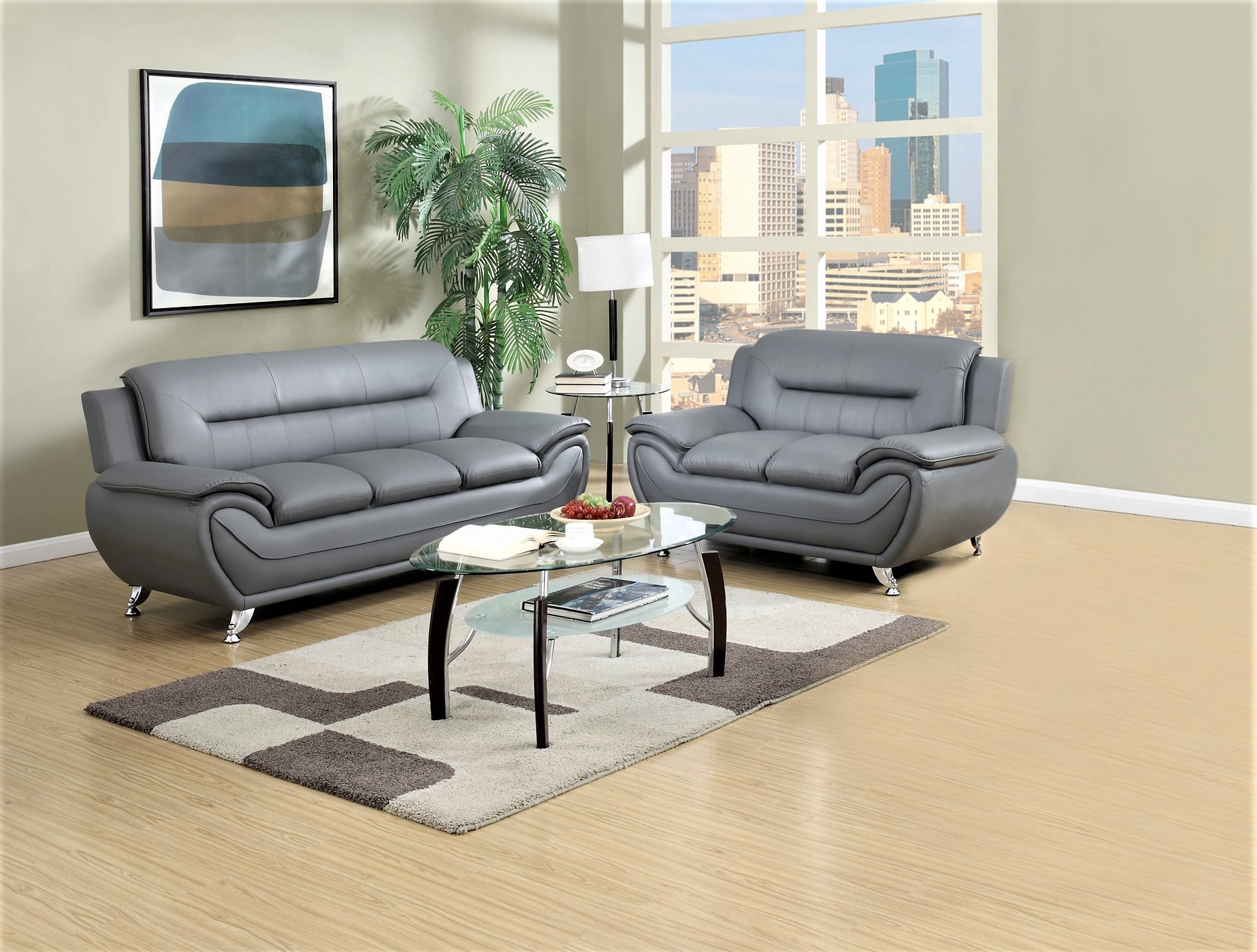 Uspridefurniture Sanuel Faux Leather Pillow Top 2Pcs Living Room Sets, Gray