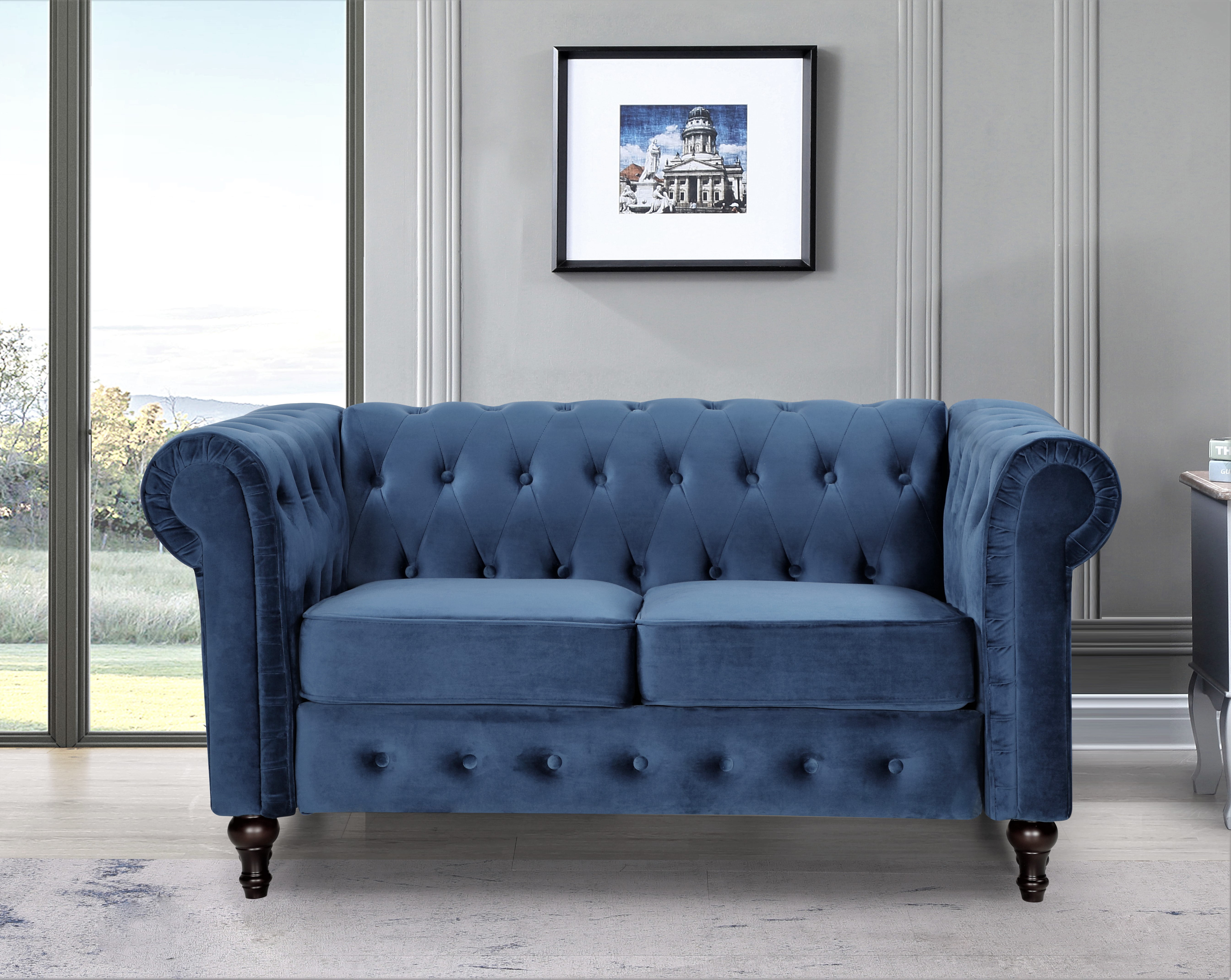 Uspridefurniture Shamblin 61'' Rolled Arm Chesterfield Velvet Loveseat -Blue