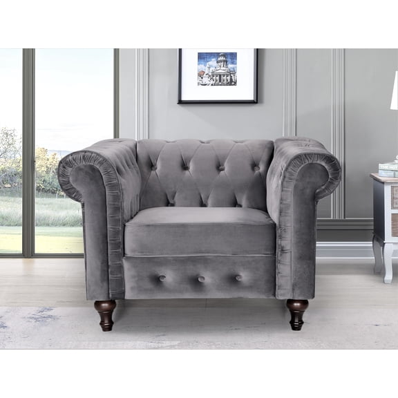 Uspridefurniture Shamblin Rolled Arm Tufted Chair,Gray Velvet