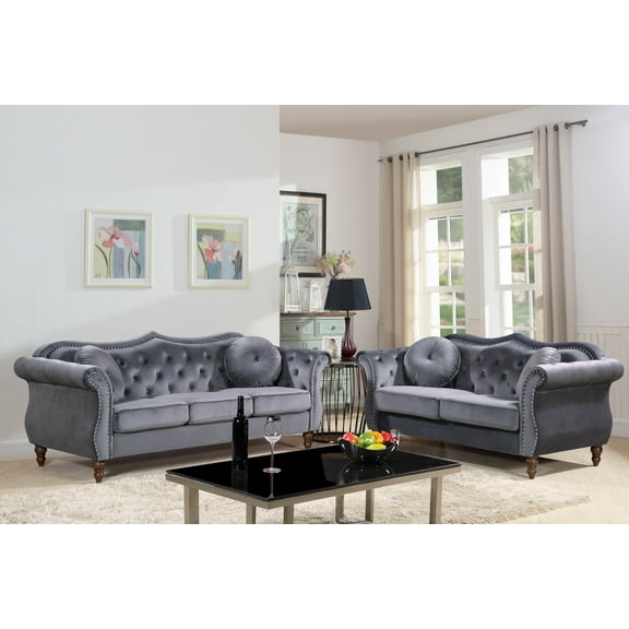 Uspridefurniture Tommy 2Pcs Chesterfield Velvet Living Room Set,Gray