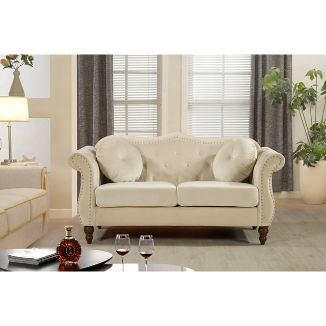 Uspridefurniture Tommy Chesterfield Velvet Loveseat,Ivory