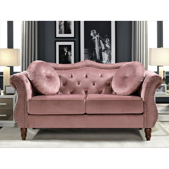 Uspridefurniture Tommy Chesterfield Velvet Loveseat, Pink