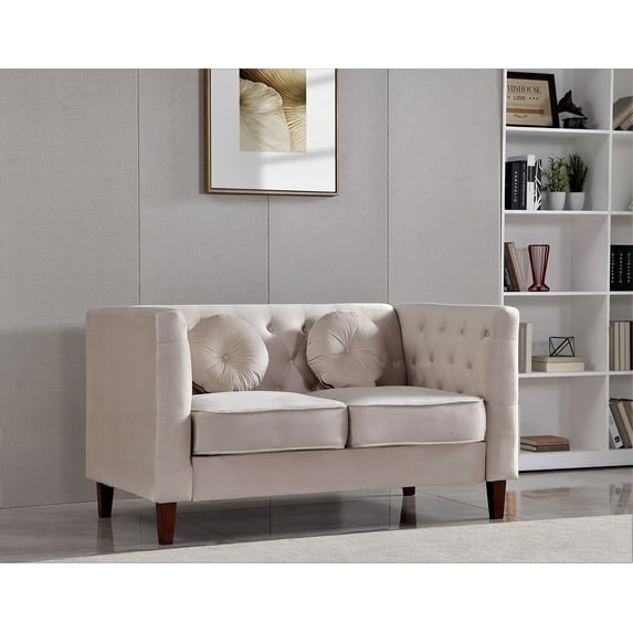 Uspridefurniture Tufted Square Design Velvet Loveseat, Beige