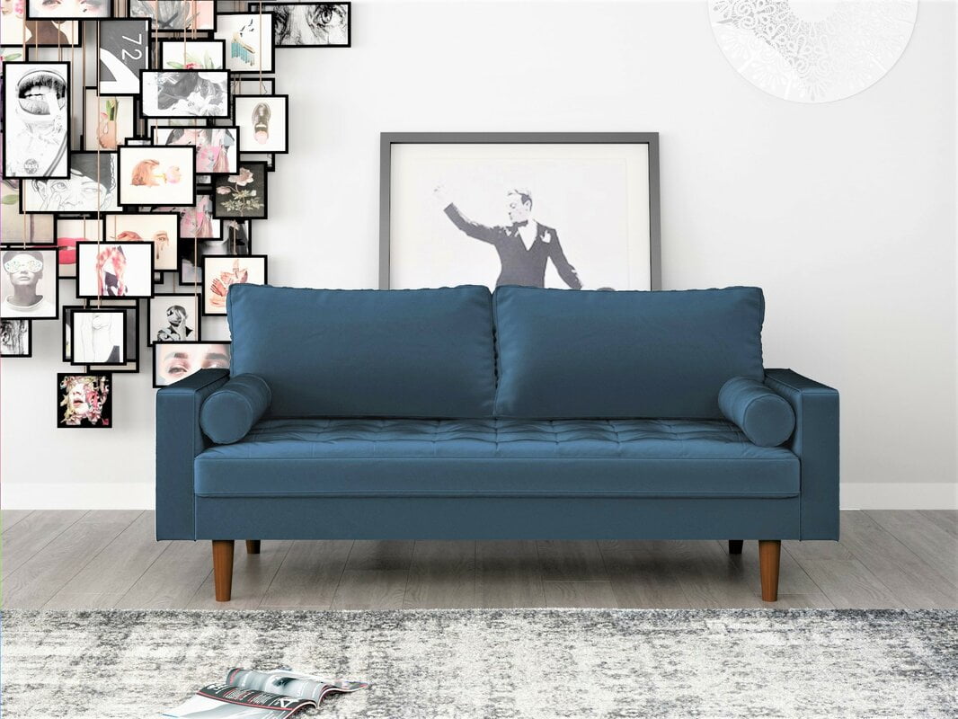 Uspridefurniture Velvet Back Support Sofa with Toss Pillow, Prussian Blue